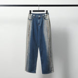 Men Jeans Washed Burr Straight Wide Leg Jeans Men's and Women's Denim Trousers