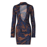 Women Dresses Winter Sexy Print V-neck Long Sleeve Narrow Dress