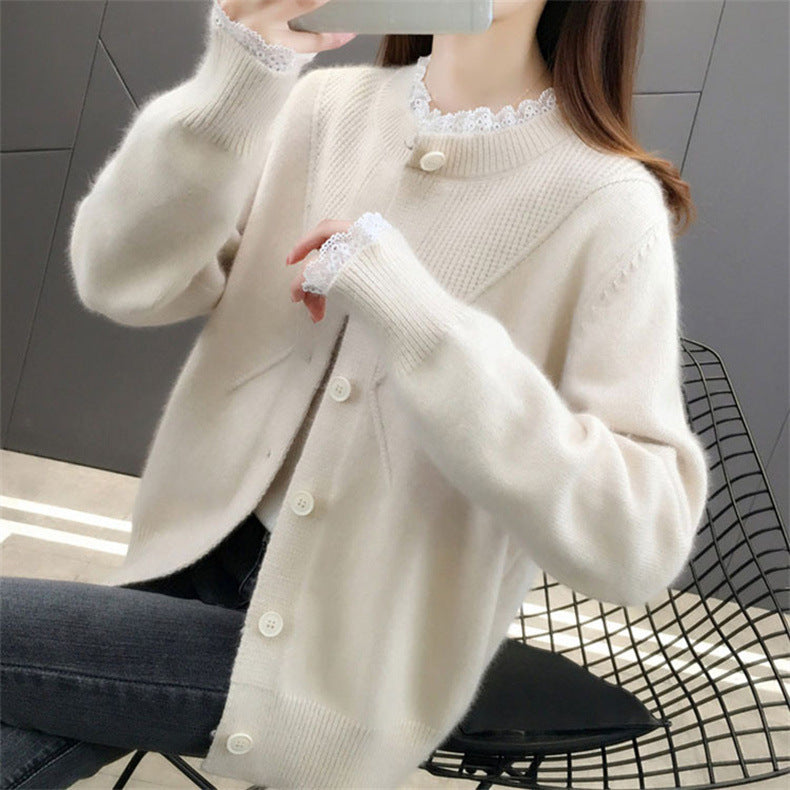 Women Knitwear Spring and Autumn Lace Trim Patchwork round Neck Sweater Loose Knitted Cardigan