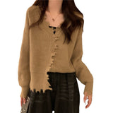 Women Knitted Cardigan V-neck Hole Autumn Sweater Coat