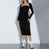 Women Dress Fall/Winter Hip-Wrapped Mid-Length Dress Sexy Long Sleeve Two-Piece Set Dress
