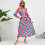Women Date Dress Autumn and Winter Striped Printed Buttons Cinched Blouse Dress