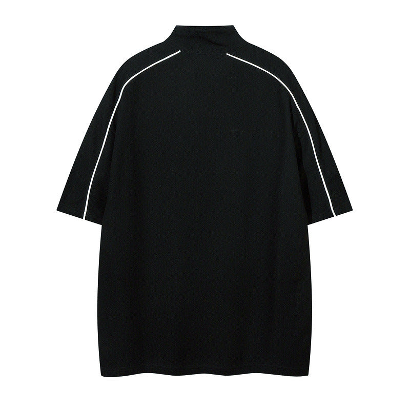 Men T Shirt Vintage Oversize Zipper Stand-up Collar Short-Sleeved T-shirt