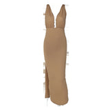 Women Dresses Summer Sexy Deep V-neck Backless Fold Split Dress