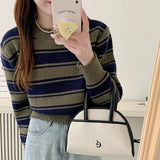 Women Knitwear Autumn Winter Retro Striped round Neck Sweater Loose Sweater