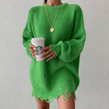 Ladies Leisure Knitwear Loose Solid Color Ripped Sweater round Neck Pullover Long Sleeve Sweater