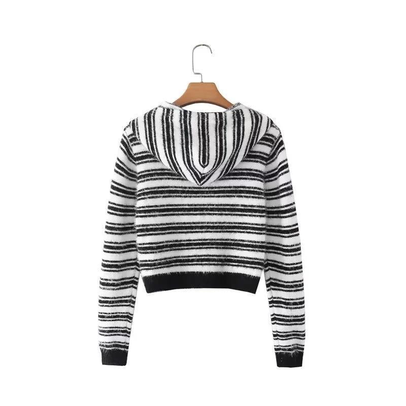 Women Sweater Knitwear Striped Knitted Bottoming Shirt Short Autumn and Winter Outer Wear Hooded Sweater