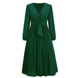 Women Date Dress Sexy V-neck Bubble Lantern Sleeve Pleated Skirt