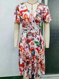 Women Evening Gown Sexy Casual V-neck Swing Printed Dress