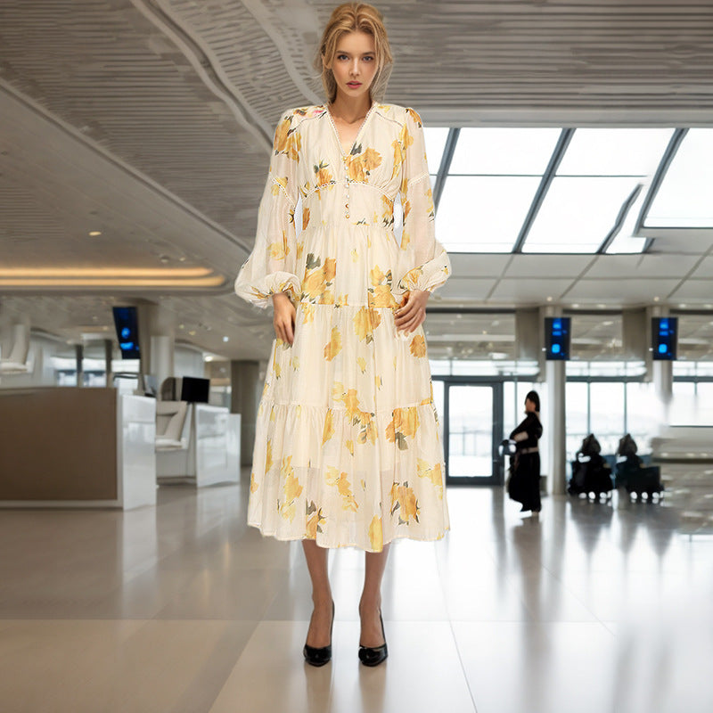 Women Dresses Spring V-neck Lantern Sleeve Printed Slim Fit Dress (Qymy0409)