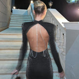 Women Dresses Autumn Sexy Backless Crew Neck Long Sleeve Narrow Dress