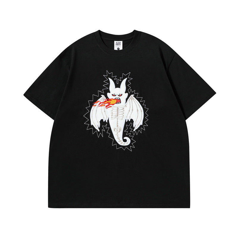 Men T Shirt Cartoon Embroidered Patch Short Sleeve T-shirt Oversize