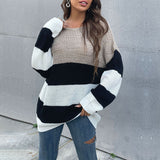 Women Knitted Sweater Fall Mid-Length Women's Striped round Neck Knitted Sweater