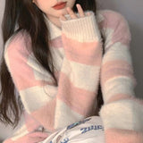 Women Knitwear Autumn and Winter Striped Polo Collar Knitwear Loose Knitted Cardigan