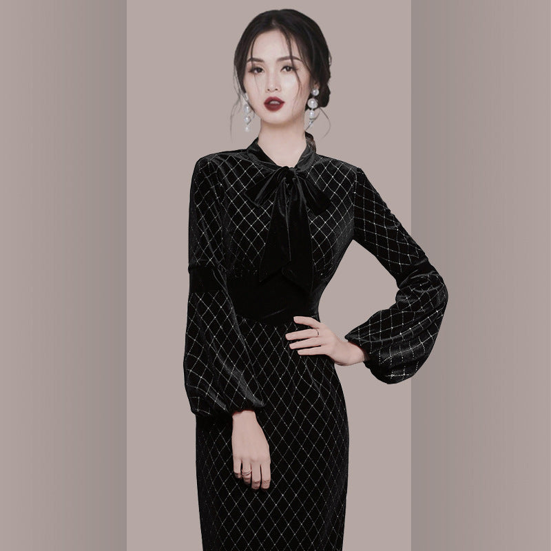 Women Maxi Dress Spring and Autumn Gold Velvet Dress Dress