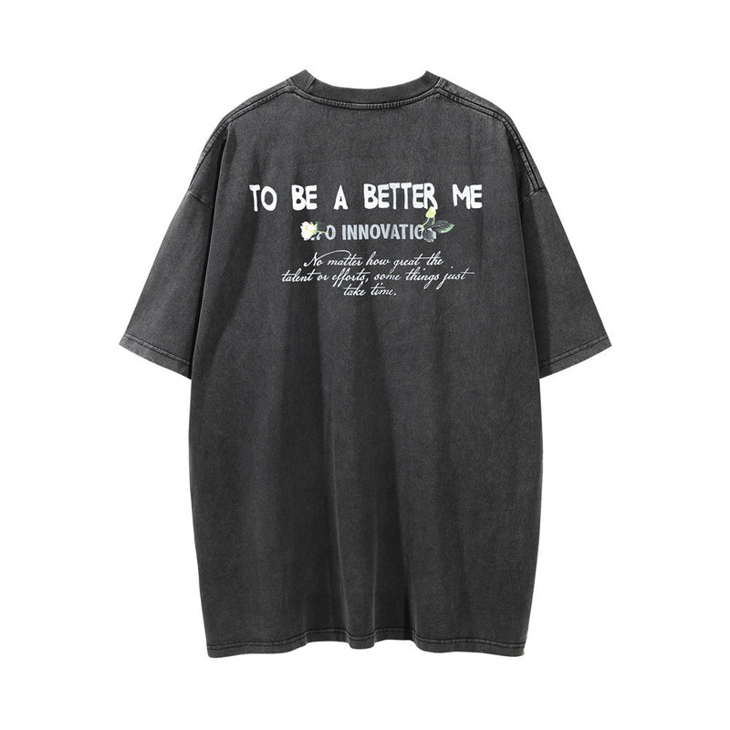 Men Vintage T-Shirt Printed Washed Distressed Short-Sleeved T-shirt Men's Summer Loose-Fitting Casual round-Neck