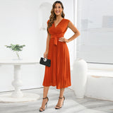Women Date Dress Summer V-neck Pleated Sleeveless Waist Dress