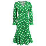 Women Date Dress Autumn and Winter Dress Sexy V-neck Polka Dot Printing Long-Sleeved Fishtail Dress