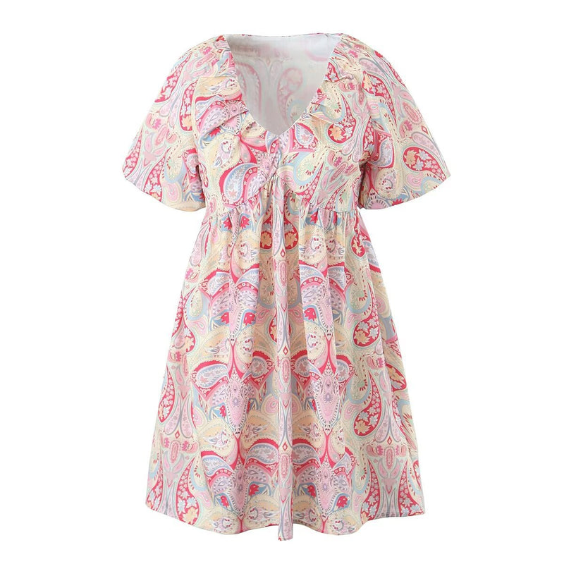 Women Dresses Summer Puff Sleeve V-neck Dress (Xds0414)