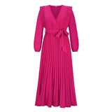 Women Date Dress Autumn and Winter V-neck Long Sleeve Pleated Dress