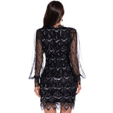 Women Evening Gown Sexy Mesh Long Sleeve Stitching Sequins Dress
