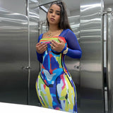 Women Dresses Fall Printed Mesh Slim Fit Patchwork Long Sleeve Dress