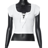 Women T-shirt Summer Square Collar Bare Midriff Slim Fit T-shirt Top