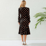 Women Date Dress Autumn and Winter Dress Sexy V-neck Polka Dot Printing Long-Sleeved Fishtail Dress