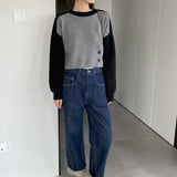 Women Winter Knitted Sweater Autumn Winter Sweater Sweater Button Color Contrast Patchwork Cropped Top 8t7311