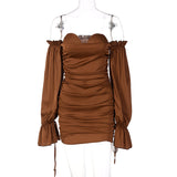 Women Dresses Autumn Winter Sexy off-the-Shoulder Lantern Sleeve Ruffle Hip Dress (Bla0420)