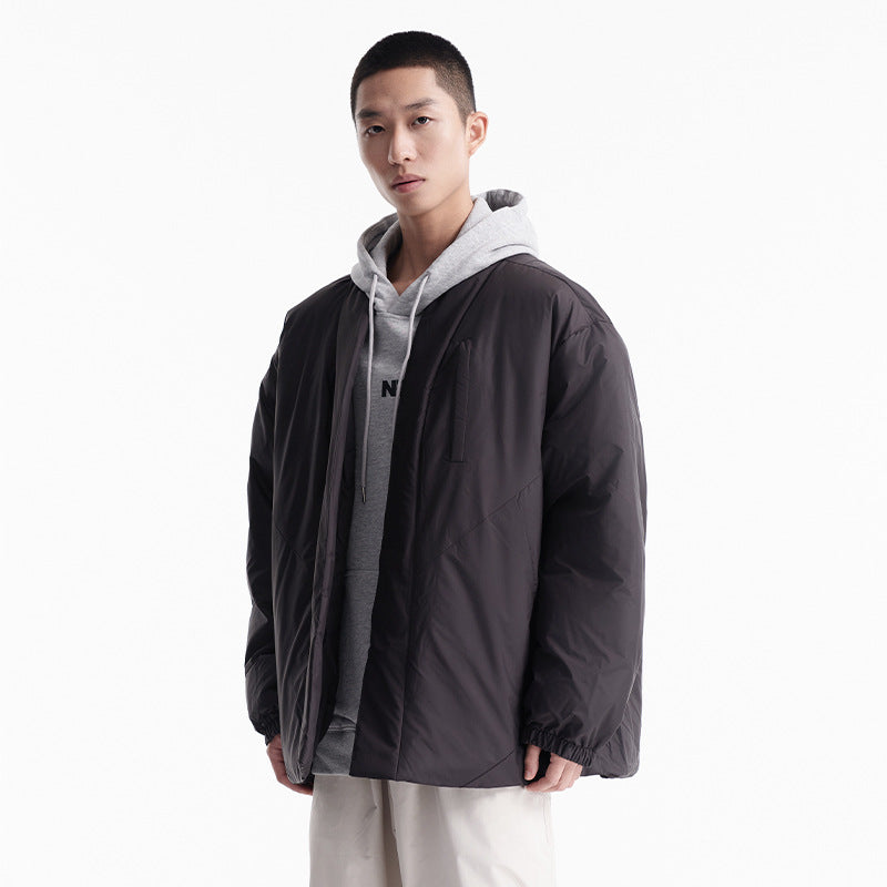 Unisex Winter Cotton Coat Solid Color Pocket Decoration Stand-up Collar Cotton-Padded Clothes