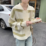 Women Knitwear Spring Polo Collar Stripes Sweater Loose Knitted Cardigan
