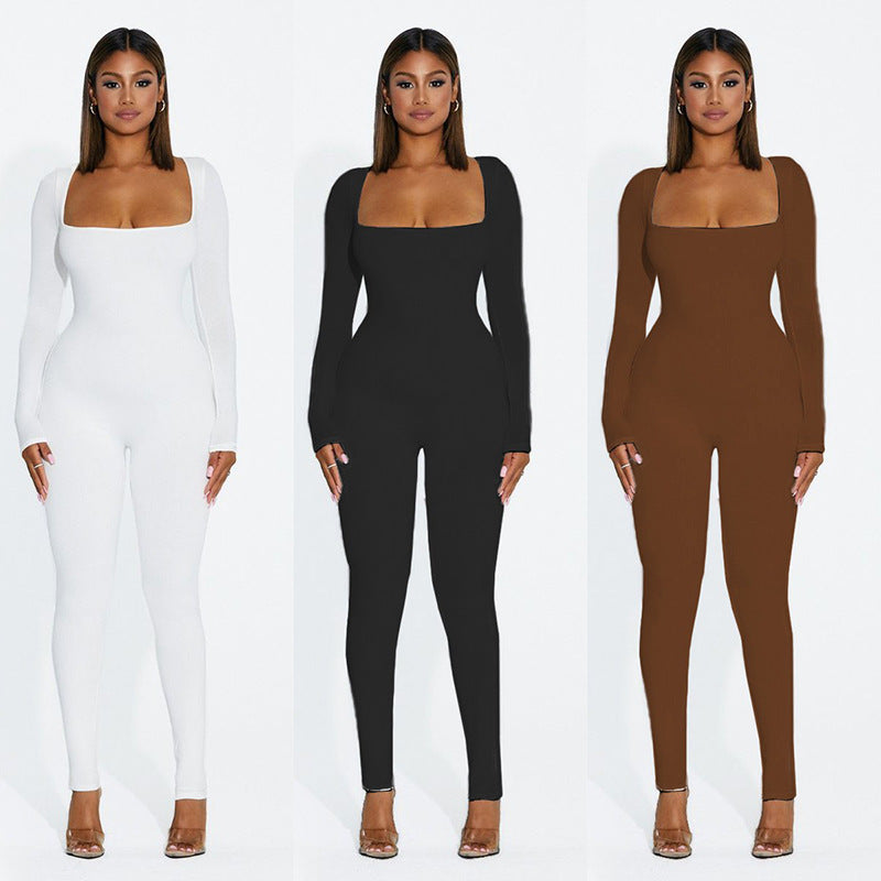 Women Jumpsuit Spring and Autumn Long Sleeve Square-Neck Slim Fit One-Piece Trousers