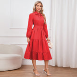 Women Date Dress Stand-up Collar Bowknot Dress Autumn and Winter