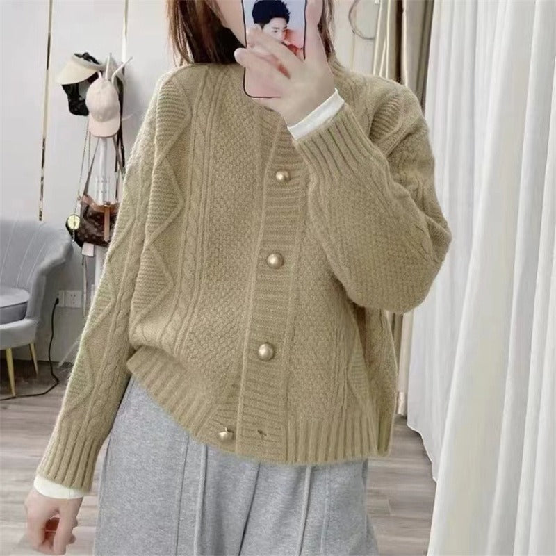Women Knitwear Autumn Winter Retro Crew Neck Sweater Loose Knitted Cardigan