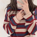 Women Knitted Pullover Autumn Vintage Stripe Loose Sweater