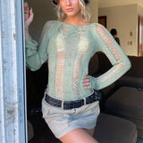 Ladies Leisure Knitwear Sexy Knitted Hollow T-shirt Autumn and Winter Long-Sleeved Doublet