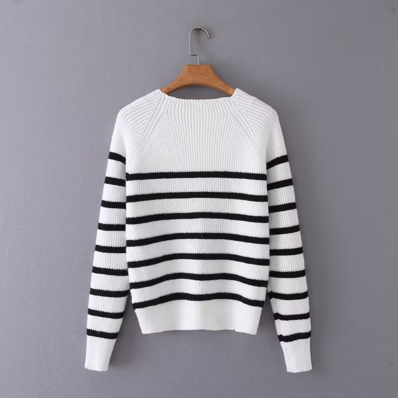 Women Sweater Knitwear Autumn Leisure Striped Single-Breasted round Neck Sweater Top Sweater