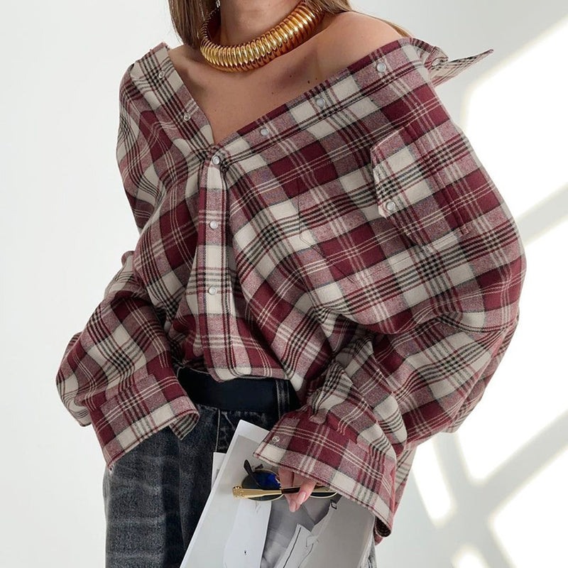 Women Trench Coat Autumn and Winter Long Sleeve Plaid Shirt Retro Plaid Shirt