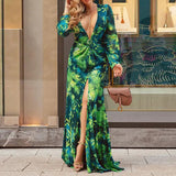 Robe Bridgerton Autumn Sexy Long Sleeve Printed V-neck Split Long Dress