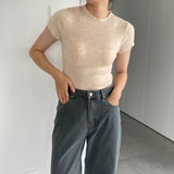 Women Knitted T-shirt round Neck Short Sleeve T-shirt Slim Fit Sweater