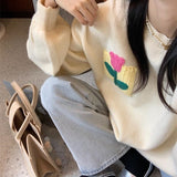 Women Knitwear Autumn Three-Dimensional Flower round Neck Sweater Loose Sweater