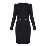 Harlem Night Attire round Neck Gold Silk Button Rivet Bandage Black Mini Long Sleeve Dress