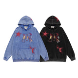 Men Hoodie Retro Hip Hop Letter Embroidered Patch Washed Hooded Sweater