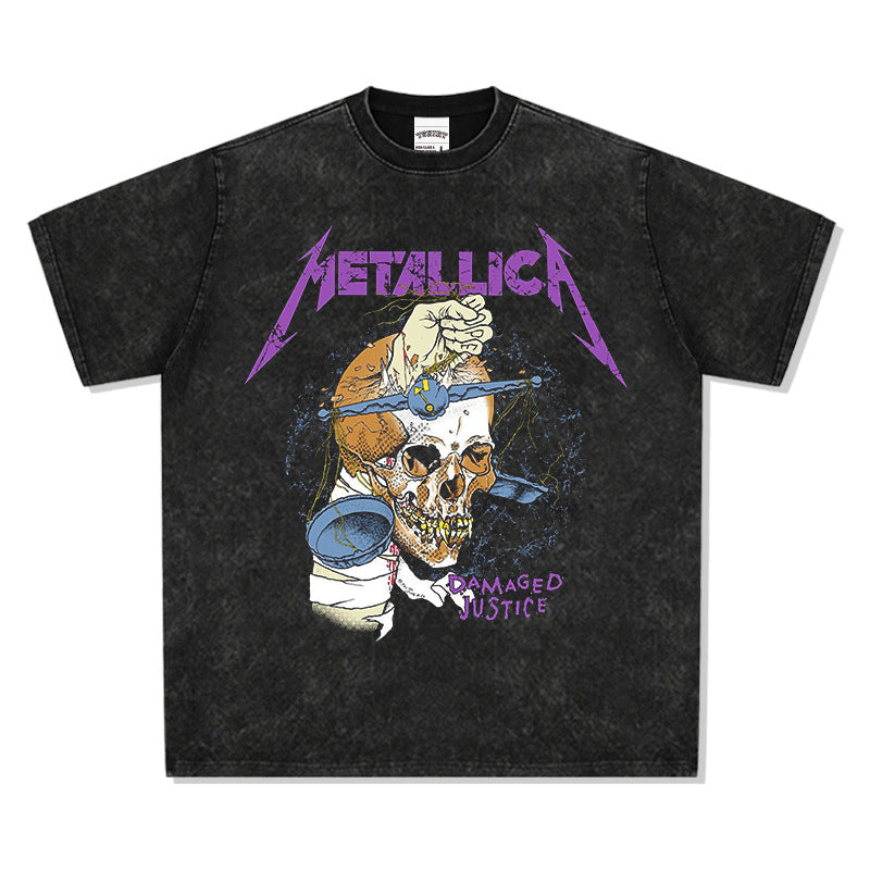 Mens Vintage Rock Band T-Shirt Vintage Hip Hop METALLICA Skull Print Short Sleeve T-Shirt Wash