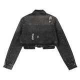 Women Jacket Ripped Short Denim Jacket Autumn Zipper Decorations Jacket
