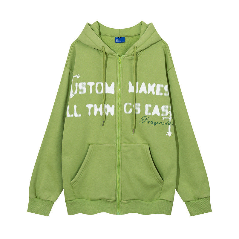 Men Hoodie Distressed Wash Velvet Padded Hooded Sweatshirt Retro Hooded Coat