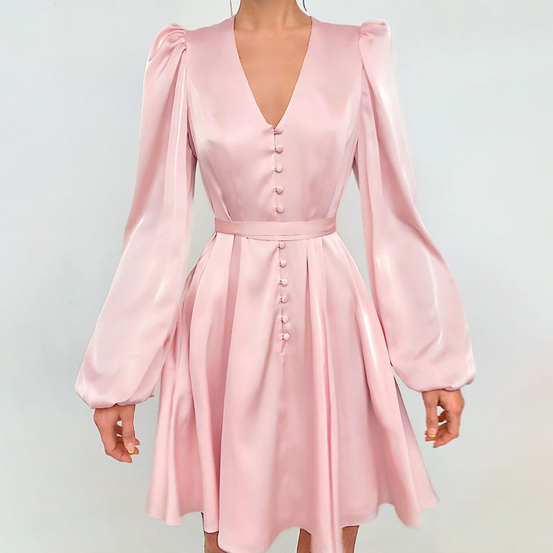 Women Dress Fall/Winter Pink V-neck Dress