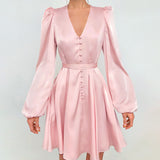 Women Dress Fall/Winter Pink V-neck Dress