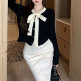 Women Knitwear Autumn and Winter Bow Twist O-neck Short Sweaters Cardigan